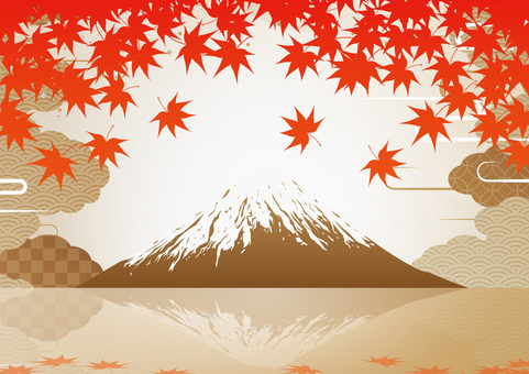 雅な秋の紅葉と金色の富士山 秋,紅葉,和風,富士山,日本,雲,和柄,曲線,背景のイラスト素材