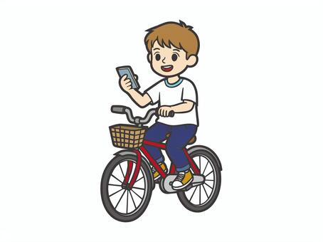 スマホを見ながら自転車に乗る少年 自転車,チャリ,スマホ,少年,男の子,子供,児童,小学生,ながらスマホ,男性のイラスト素材