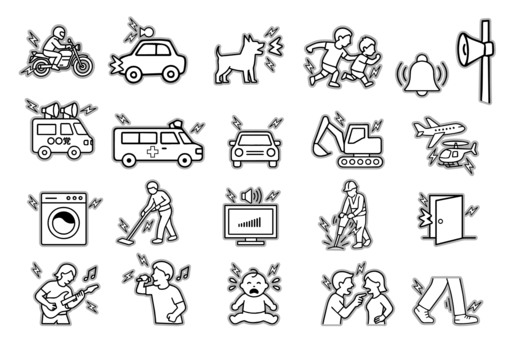 騒音の原因アイコンセット 騒音の原因アイコンセット 騒音,雑音,轟音,爆音,ノイズ,被害,人間,ストレス,悩み,トラブルのイラスト素材