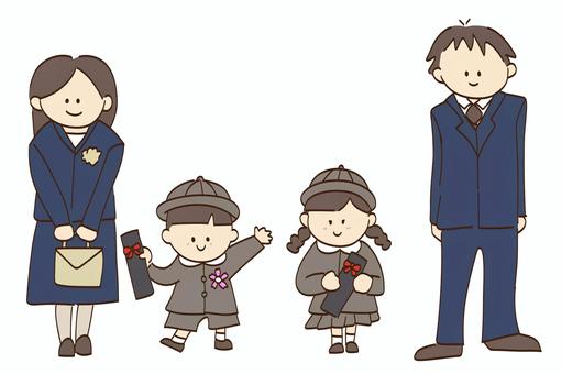 卒園式　四人家族　立ち絵 卒園式,四人家族,家族,記念,写真,立ち絵,全身,子供,人物,男の子のイラスト素材