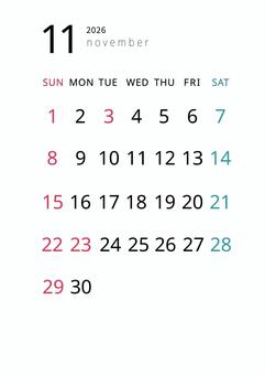 2026年11月カレンダー_縦長 2026年11月カレンダー_縦長 11月,カレンダー,2026,令和8年,スケジュール,2026年,月間カレンダー,2026年カレンダー,日曜始まり,シンプルのイラスト素材