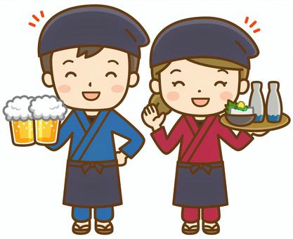 料理を運ぶ居酒屋の男女(全身図) 飲食店,飲食業,居酒屋,店員,従業員,スタッフ,調理スタッフ,ホール,接客,男性のイラスト素材