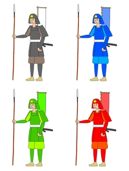 鎧武者の4色セット 鎧武者,武士,侍,武将,戦士,兵士,戦,和風,日本文化,ポーズのイラスト素材