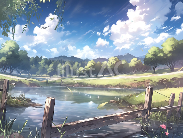 寂れた古い柵とひとけのない草原と川_背景 川,水鏡,草原のイラスト素材