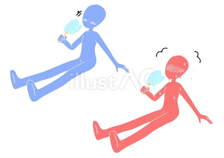 座ってうちわで扇ぐ人2種　版画 うちわ,扇ぐ,風のイラスト素材