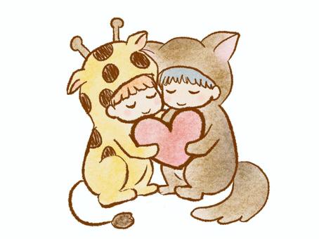 キリンちゃんとジャッカルちゃん キリン,ジャッカル,着ぐるみ,子供,ハート,寄り添うのイラスト素材
