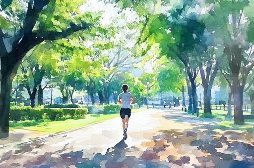 新緑の公園を走るランナーの後ろ姿