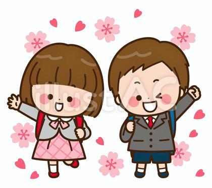 ランドセルを背負った男女の子ども<桜>