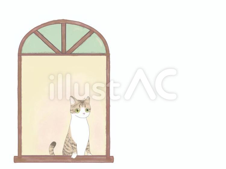 窓から外を眺める猫 ネコ,かわいい,手書きのイラスト素材