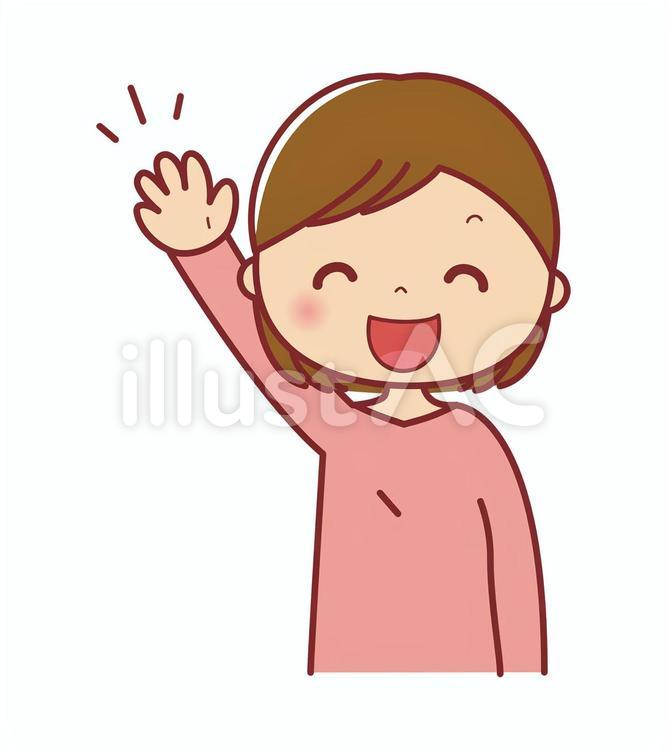 手をあげる笑顔の女性　上半身　イラスト 人物,女性,挙手のイラスト素材