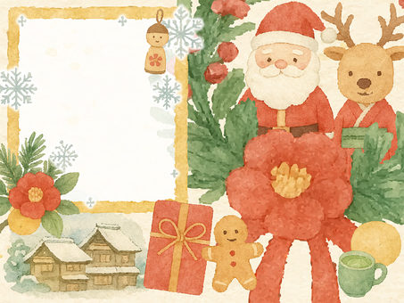 和風クリスマスの水彩イラスト素材セット 和風,クリスマス,水彩,サンタクロース,トナカイ,椿,松,雪,冬,プレゼントのイラスト素材