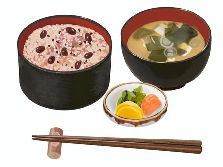 赤飯みそ汁セット（2） 赤飯,お赤飯,みそ汁,セット,食べ物,和食,日本食,定食,ごはん,豆腐のイラスト素材
