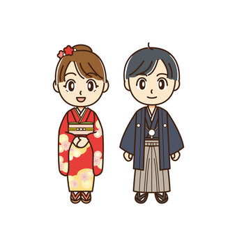 着物の若い男女 着物,和服,お正月,成人式,振袖,羽織,袴,草履,人物,男女のイラスト素材