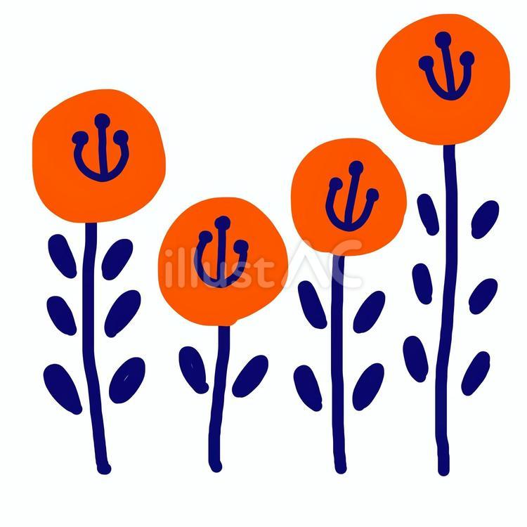 北欧デザイン風のかわいい花のイラスト 花,オレンジ,青のイラスト素材