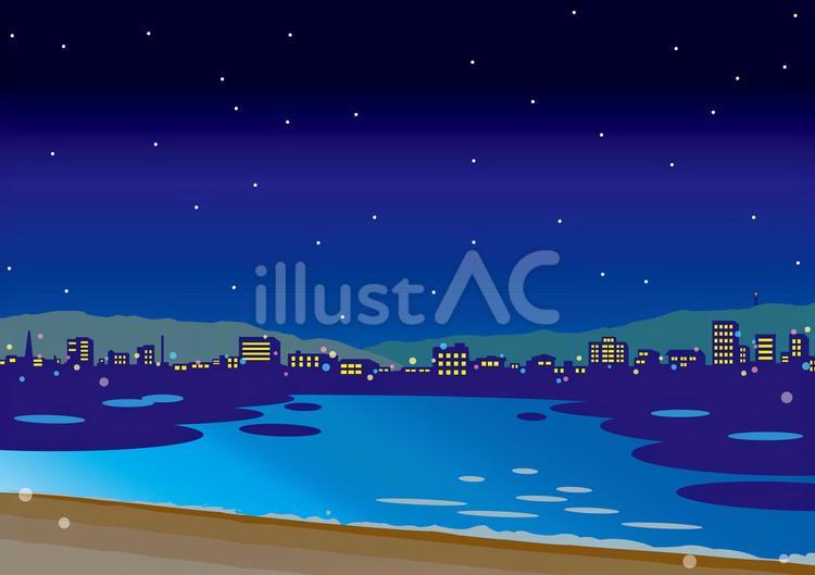 街並みと海岸の背景（夜景）_25 夜景,背景,イラストのイラスト素材