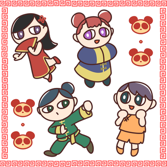 チャイナ服女の子 女の子,チャイナ服,伝統衣装,人物,ファッション,赤色,青色,緑色,黄色のイラスト素材