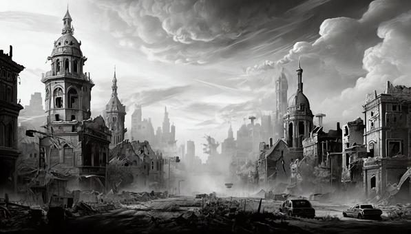 Background illustration of a city destroyed by war, , JPG