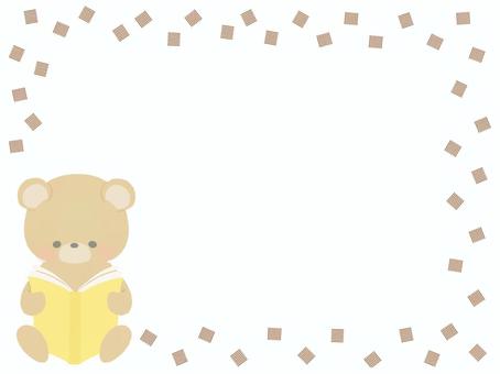 黄色い本読むクマのフレームイラスト線なし クマ,本,動物,模様,かわいい,シンプル,フレームのイラスト素材