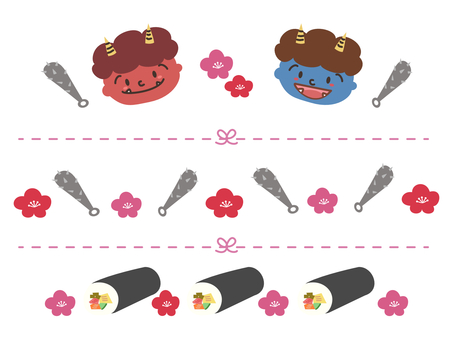節分のかわいいライン素材セット① 節分,鬼,おに,赤鬼,青鬼,恵方巻,金棒,梅,花,豆のイラスト素材