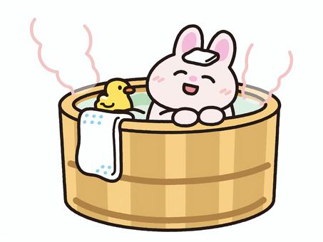 檜風呂に入るうさぎ 檜風呂,檜,風呂桶,タオル,手ぬぐい,銭湯,温泉,風呂,アヒル,おもちゃのイラスト素材