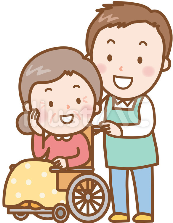 おばあさん：車いす／ヘルパー男性 車椅子,車いす,介護のイラスト素材
