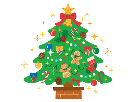 クリスマスツリーキラキラ クリスマス,クリスマスツリー,キラキラ,手描き,カラフル,星,オーナメント,ジンジャークッキー,ベル,リボンのイラスト素材