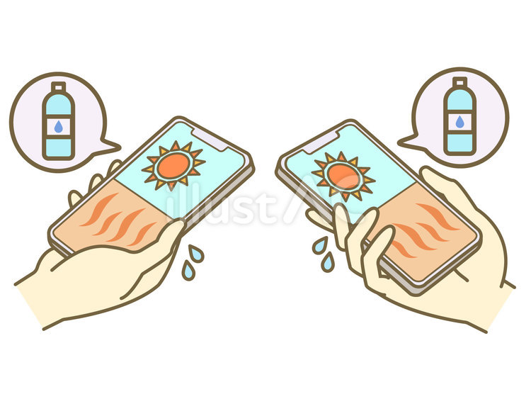 熱中症になる可能性を知らせるスマホ　左右 スマホ,スマートフォン,熱中症のイラスト素材