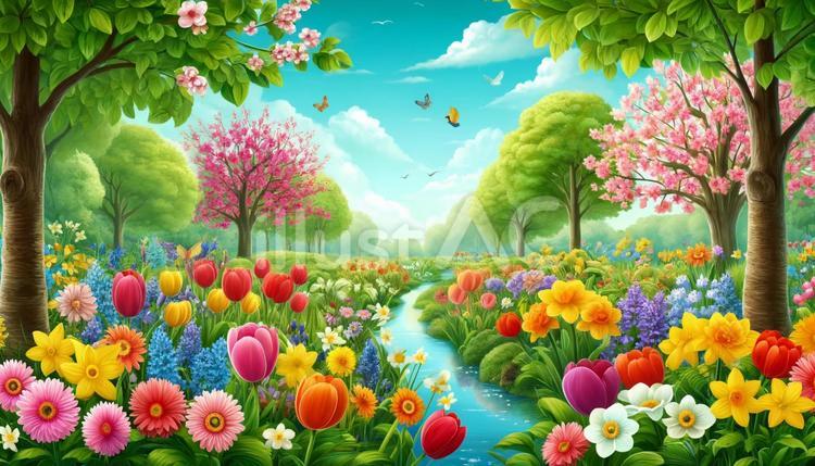 生き生きと咲き誇る春の庭 花,庭,自然のイラスト素材