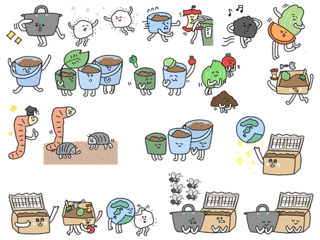 コンポスト　バケツ　擬人化 コンポスト,バケツ,菌,擬人化,虫,ミミズ,果物,野菜,ゴミ箱のイラスト素材