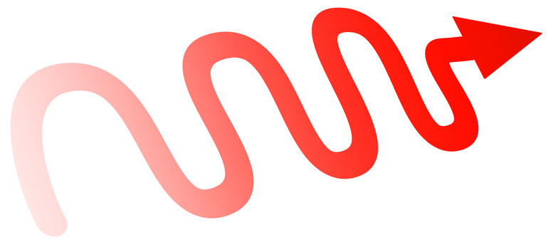 グラデがかった蛇行する赤い矢印 矢印,蛇行,赤,グラデーション,アイコン,右向き,うねうね,グネグネ,湾曲,説明のイラスト素材