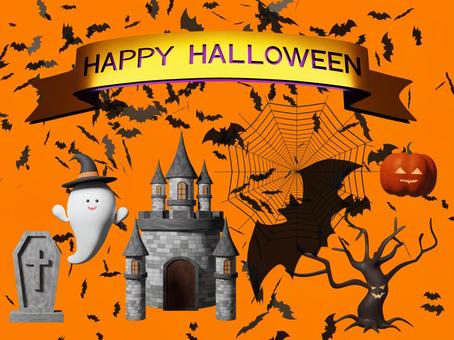 ハロウィンのお城とかぼちゃとおばけの背景 ハロウィン,背景,フレーム,城,かぼちゃ,おばけ,木,帽子,halloween,かわいいのイラスト素材