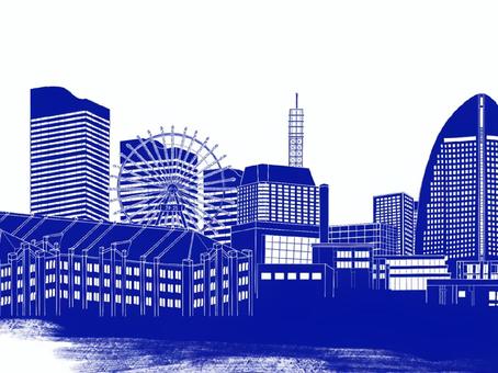 横浜のイメージイラスト 横浜,風景,ビル,観覧車,都会,赤レンガ倉庫,シルエット,青,おしゃれ,背景のイラスト素材
