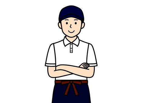 前掛け・腕を組んでいる酒屋・小売業の男性 帽子,前掛け,酒屋,自営業,男性,小売業,腕組み,エプロン,ポロシャツ,米屋のイラスト素材
