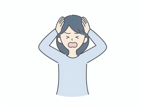 頭の中が混乱している女性：寒色 女性,パニック,困惑,混乱,ストレス,悩み,トラブル,焦り,困る,頭痛のイラスト素材