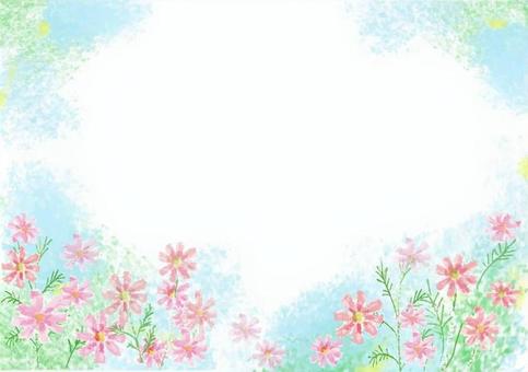コスモスと青空の枠 コスモス,秋,背景,手描き,枠,フレーム,花,秋桜,植物,コピースペースのイラスト素材