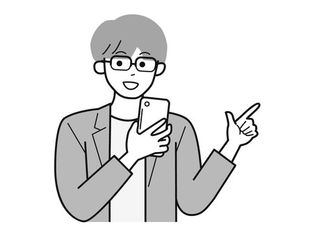 スマホと指差しで話す働く男性A／白黒 指差し,スマホ,話す,男性,お父さん,会社員,アドバイザー,20代,30代,40代のイラスト素材