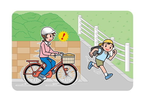 飛び出し注意 曲がり角 自転車と歩行者 自転車,チャリ,運転,走行,人物,女性,主婦,買い物,帰宅,ヘルメットのイラスト素材