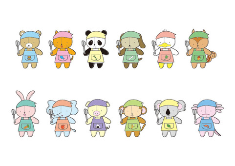 ちびぬいエプロン ぬいぐるみ,動物,クッキング,エプロン,三角巾,お玉,くま,ねこ,パンダ,いぬのイラスト素材