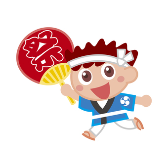お祭り こども,お祭り,男の子,うちわ,はっぴ,はちまきのイラスト素材