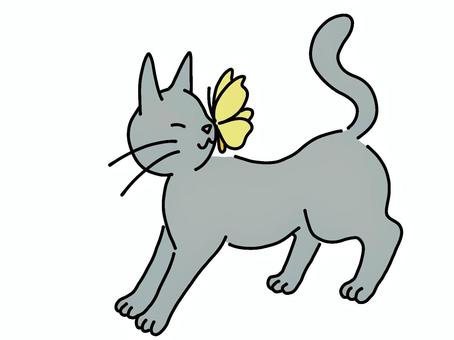 ちょうちょと遊ぶねこ（グレー） ちょうちょ,チョウ,蝶々,ねこ,ネコ,猫,グレー,かわいい,シンプル,手描きのイラスト素材