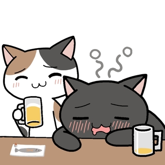 黒猫と酔いつぶれ 黒猫,三毛猫,猫,動物,黒,三毛,酔い,お酒のイラスト素材