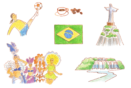 ブラジルいろいろセット コーヒー,カーニバル,人物,滝,石像,セット,ブラジル,サッカー,有名,国旗のイラスト素材