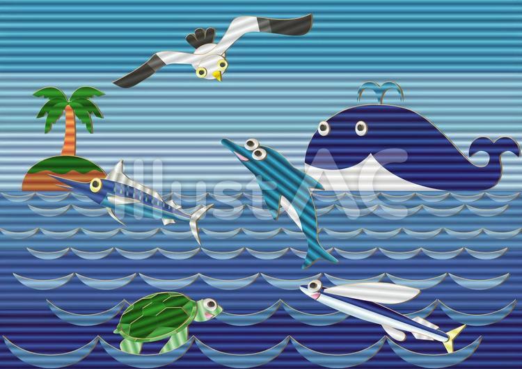 南の海 海の生き物,魚,段ボールのイラスト素材