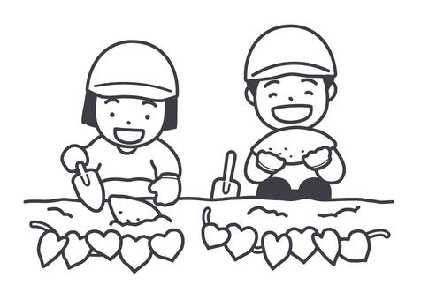 芋掘りをする子供　モノクロ 芋掘り,さつまいも,芋,秋,子供,小学生,遠足,校外学習,収穫,体験のイラスト素材