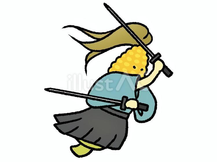 二刀流で舞うとうもろこしのお侍 二刀流,舞う,刀のイラスト素材