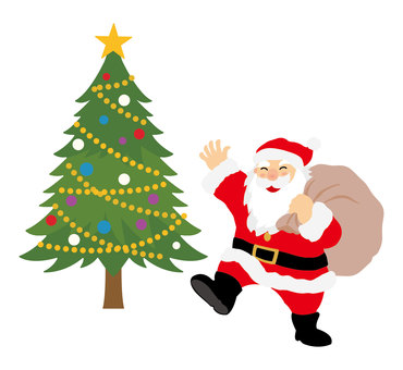 クリスマスツリーとサンタクロース1 サンタクロース,クリスマス,12月,おじいさん,ひげ,聖夜,かわいい,シンプル,冬,袋のイラスト素材