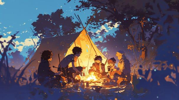 焚き火を囲むキャンプの夜 焚き火を囲むキャンプの夜 キャンプ,焚き火,夜のイラスト素材