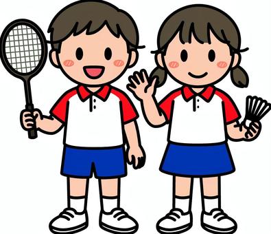 赤のバドミントンの子供たちです。 バドミントン,シンプル,スポーツ,体育,クラブ,部活,サークル,運動,跳ぶ,シャトルコックのイラスト素材