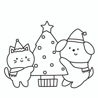 クリスマスツリーと猫犬 クリスマス,ツリー,猫,犬,動物,冬,サンタ,帽子,マフラー,モノトーンのイラスト素材