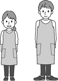 白黒・エプロン姿の男女 モノクロ,白黒,大人,男性,女性,男女,ペア,おそろい,一つ結び,全身のイラスト素材